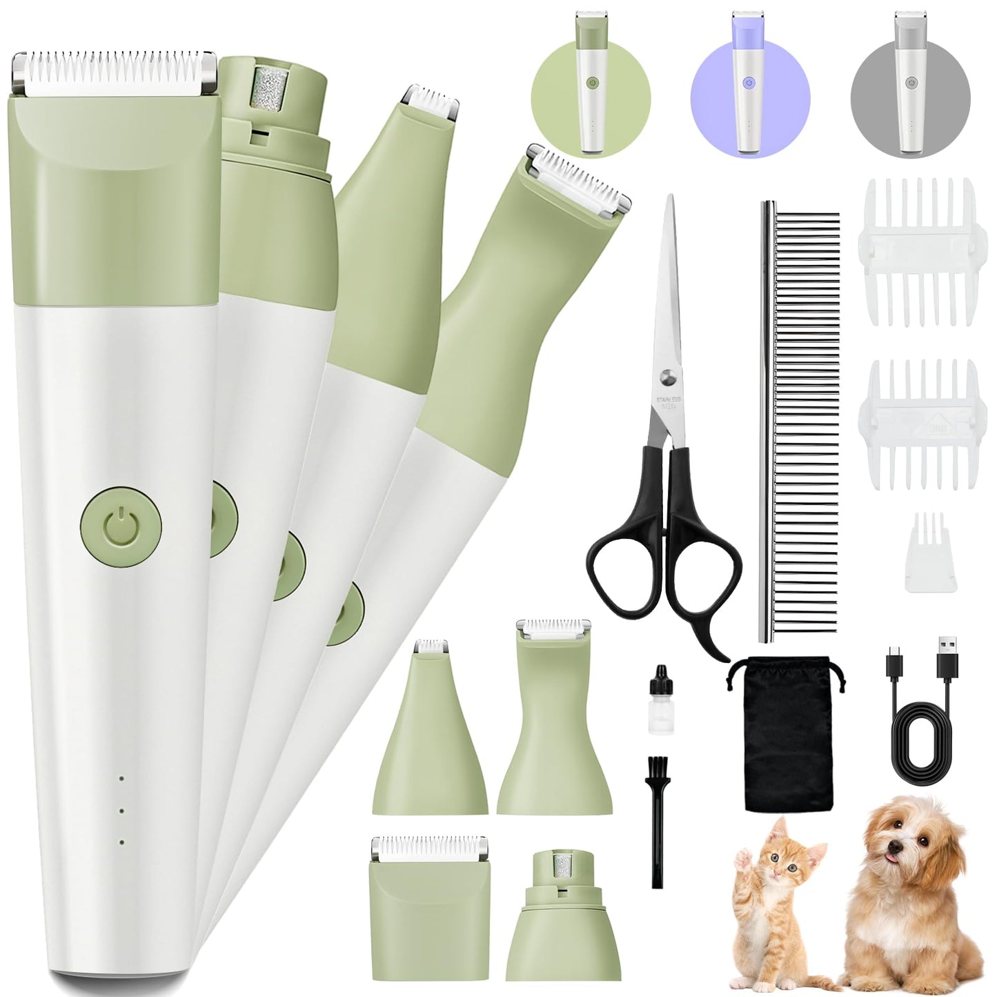 4-in-1 Quiet Cordless Pet Grooming Kit | Clippers, Nail Grinder & Trimmer for Dogs & Cats (Green)