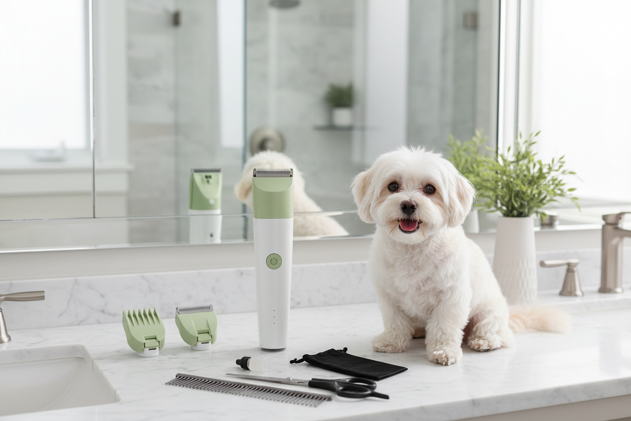 4-in-1 pet grooming kit on bathroom counter with groomed dog