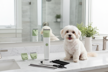 4-in-1 pet grooming kit on bathroom counter with groomed dog