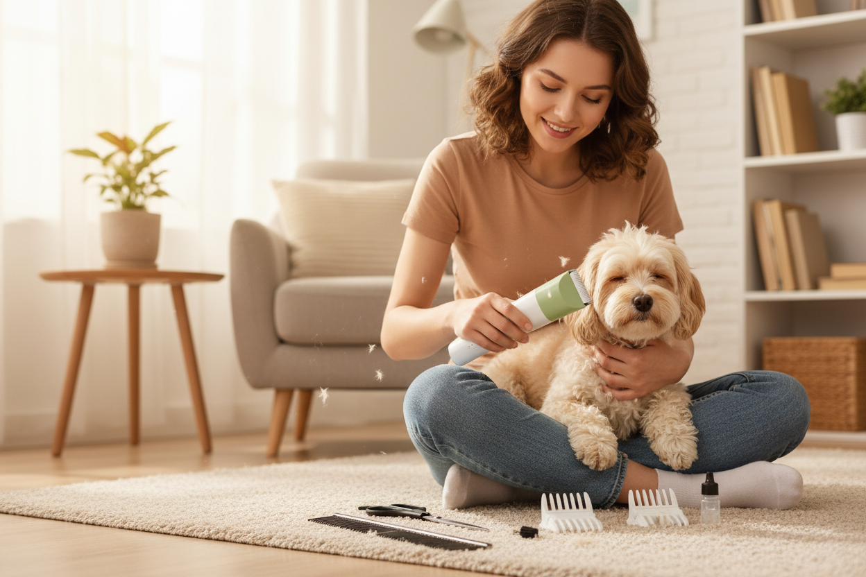 4-in-1 pet grooming kit being used on a fluffy dog at home