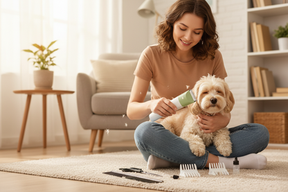 4-in-1 pet grooming kit being used on a fluffy dog at home